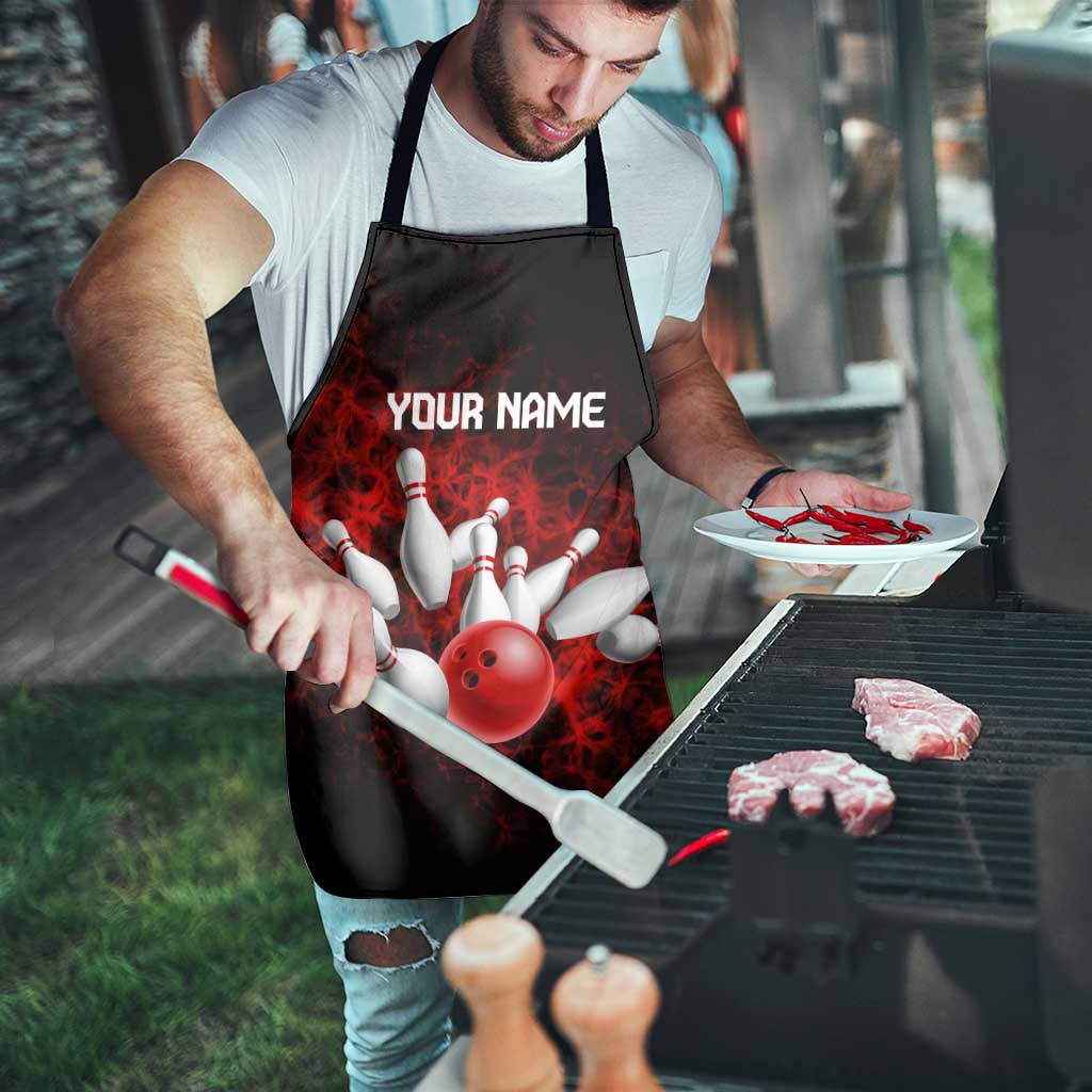 Red Bowling Ball and Pins Design Apron with Fiery Smoke Background and Custom Team Name Text - Wonder Print Shop