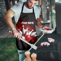 Red Bowling Ball and Pins Design Apron with Fiery Smoke Background and Custom Team Name Text - Wonder Print Shop