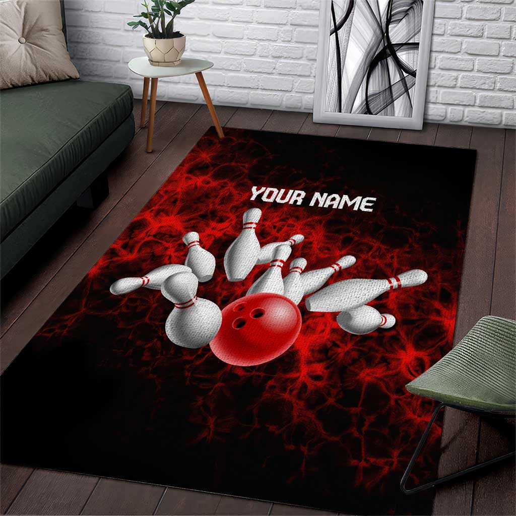 Red Bowling Ball and Pins Design Area Rug with Fiery Smoke Background and Custom Team Name Text - Wonder Print Shop