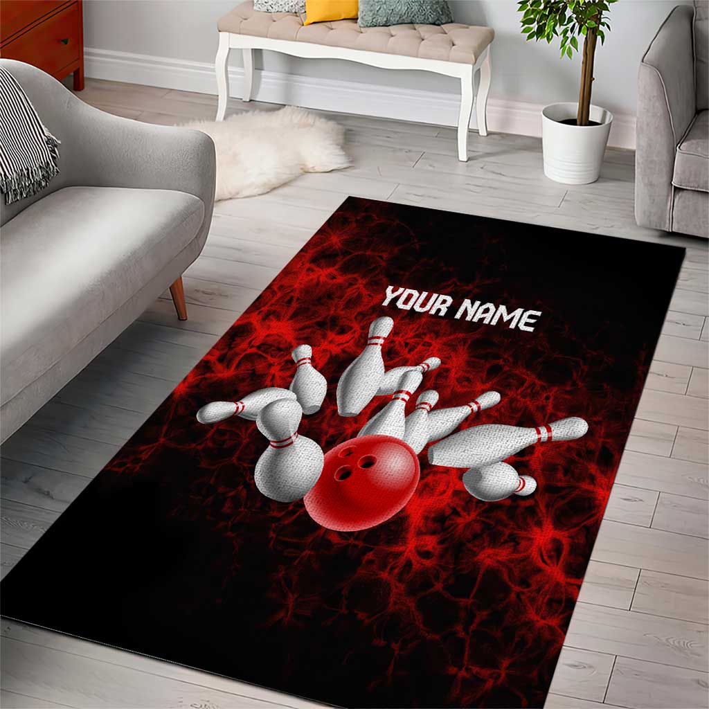 Red Bowling Ball and Pins Design Area Rug with Fiery Smoke Background and Custom Team Name Text - Wonder Print Shop