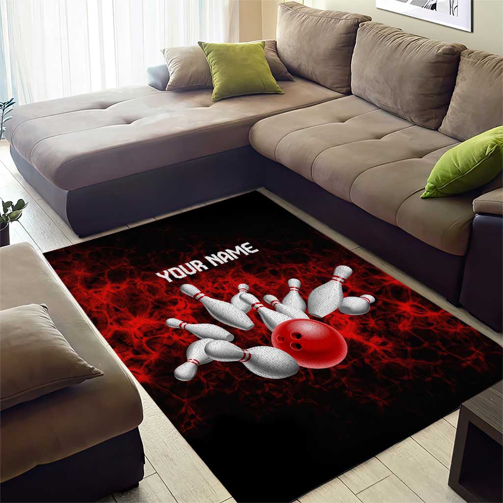 Red Bowling Ball and Pins Design Area Rug with Fiery Smoke Background and Custom Team Name Text - Wonder Print Shop