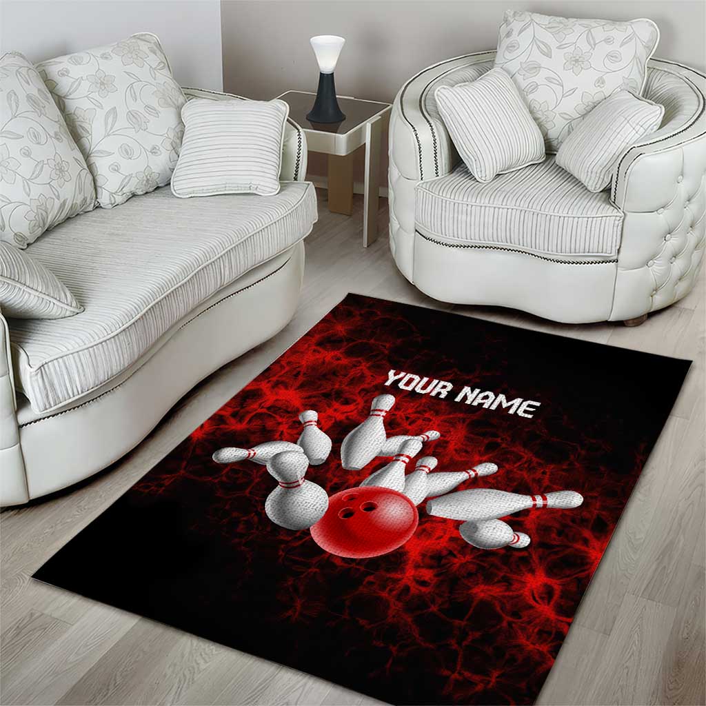 Red Bowling Ball and Pins Design Area Rug with Fiery Smoke Background and Custom Team Name Text - Wonder Print Shop