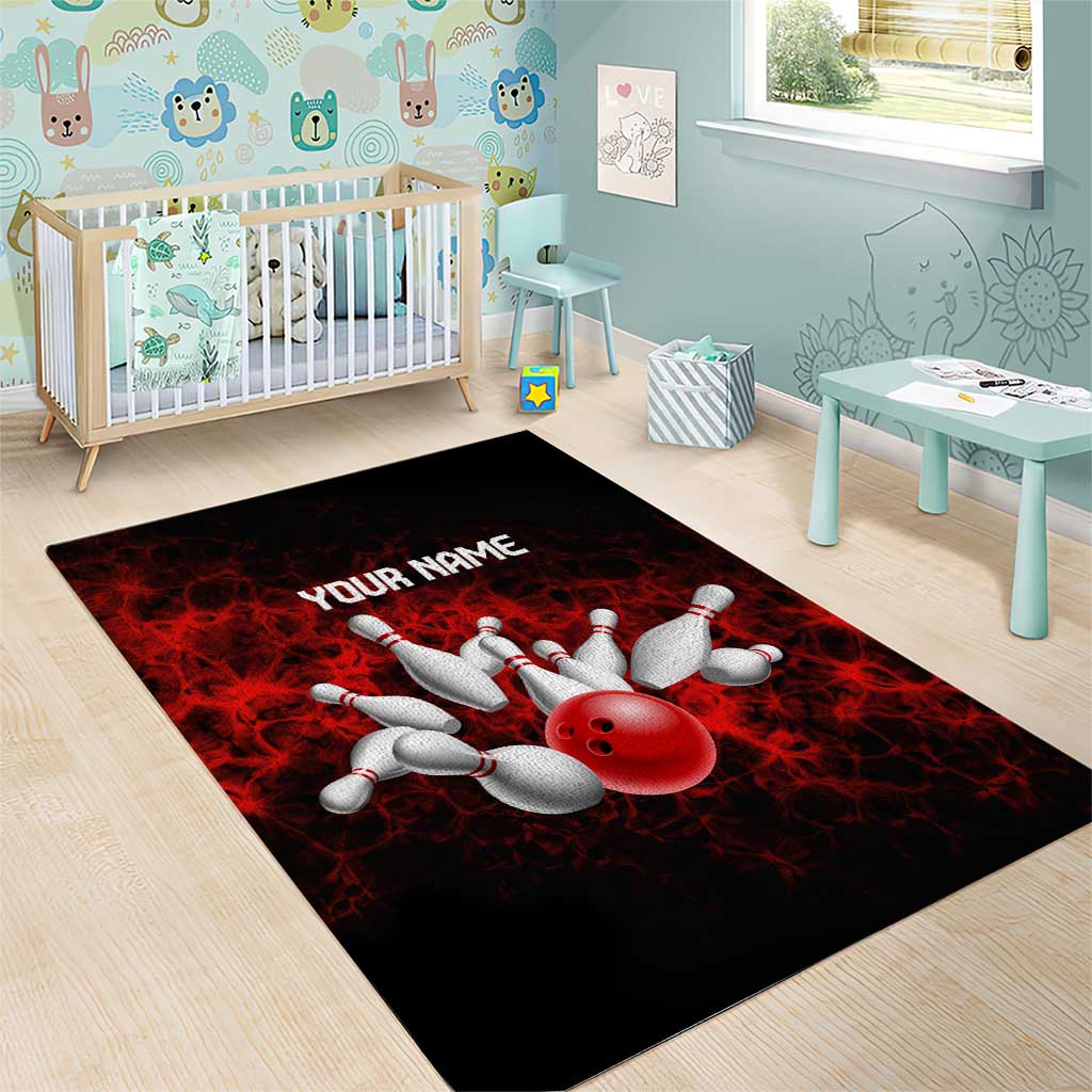 Red Bowling Ball and Pins Design Area Rug with Fiery Smoke Background and Custom Team Name Text - Wonder Print Shop