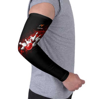 Red Bowling Ball and Pins Design Arm Sleeves with Fiery Smoke Background and Custom Team Name Text - Wonder Print Shop
