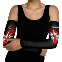 Red Bowling Ball and Pins Design Arm Sleeves with Fiery Smoke Background and Custom Team Name Text - Wonder Print Shop