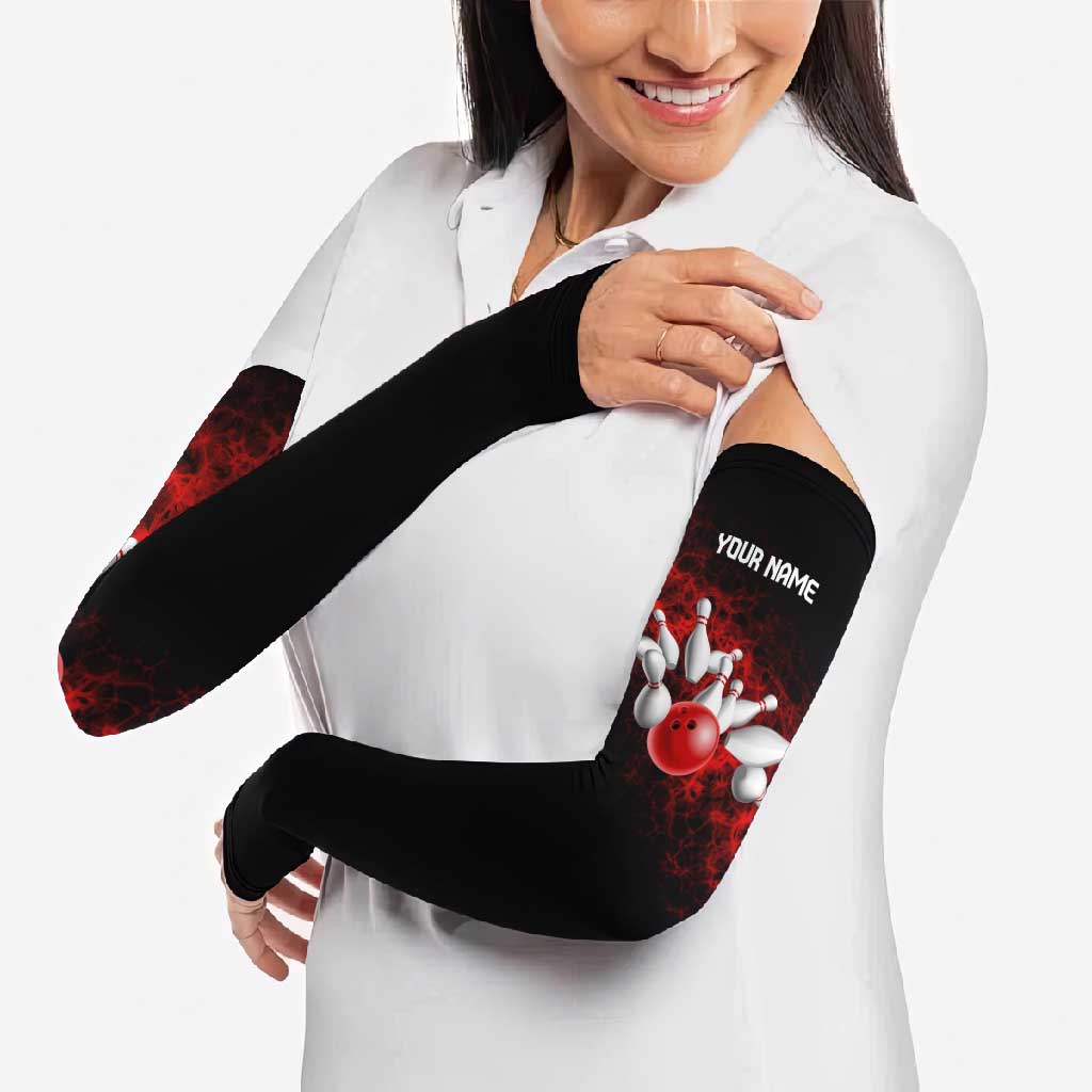 Red Bowling Ball and Pins Design Arm Sleeves with Fiery Smoke Background and Custom Team Name Text - Wonder Print Shop