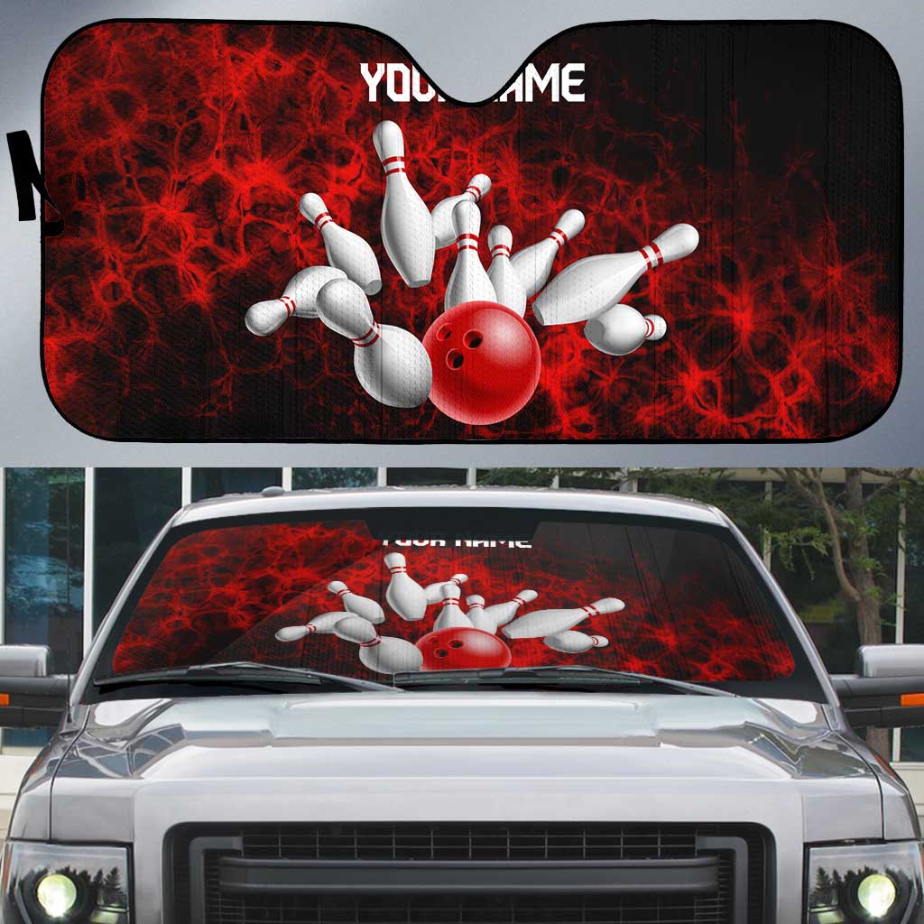 Red Bowling Ball and Pins Design Auto Sun Shade with Fiery Smoke Background and Custom Team Name Text - Wonder Print Shop