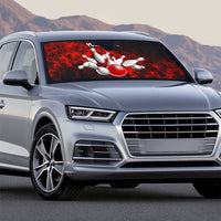 Red Bowling Ball and Pins Design Auto Sun Shade with Fiery Smoke Background and Custom Team Name Text - Wonder Print Shop