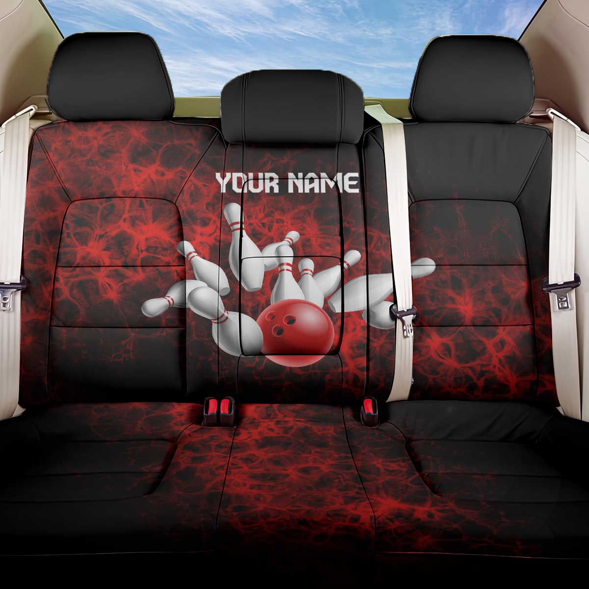Red Bowling Ball and Pins Design Back Car Seat Cover with Fiery Smoke Background and Custom Team Name Text - Wonder Print Shop