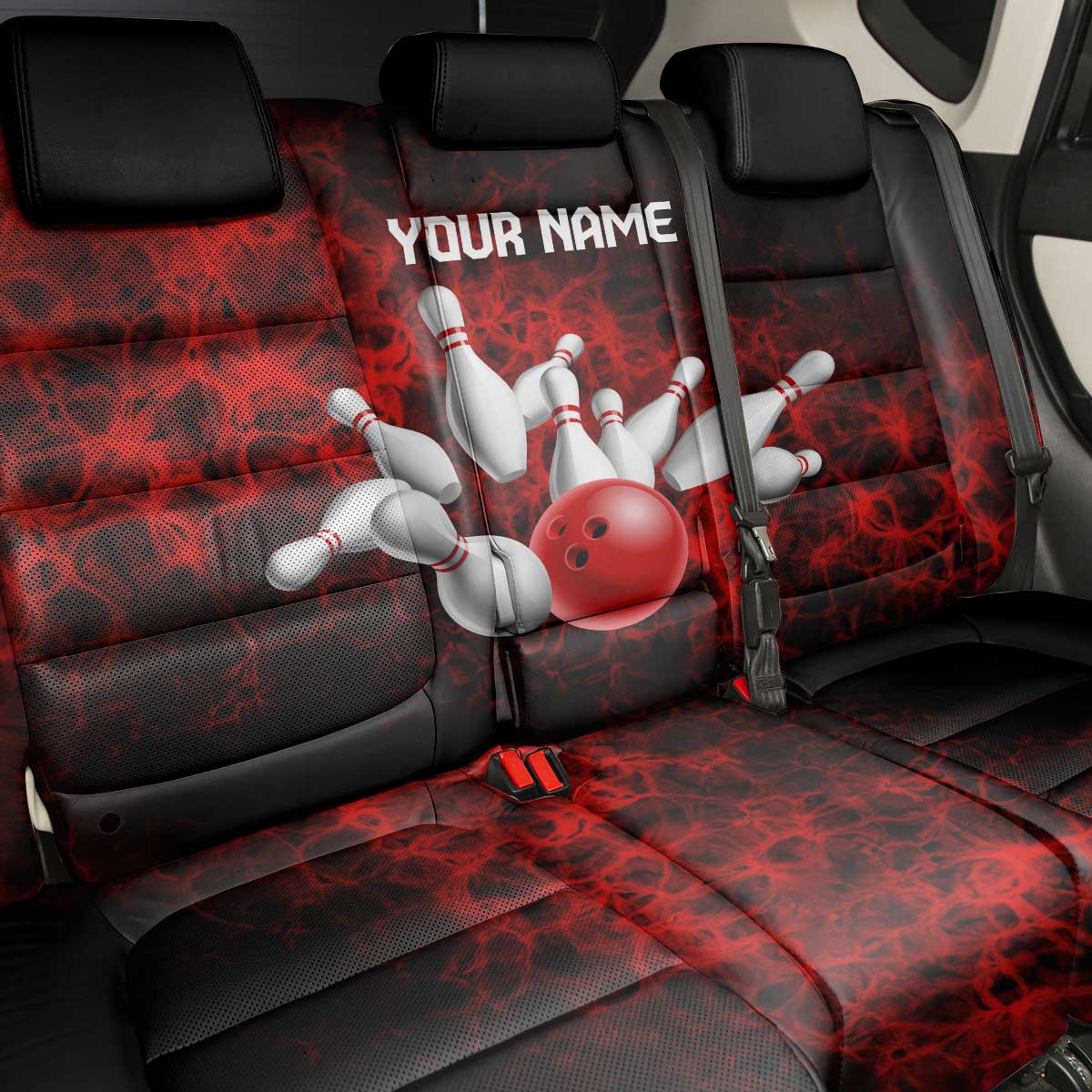 Red Bowling Ball and Pins Design Back Car Seat Cover with Fiery Smoke Background and Custom Team Name Text - Wonder Print Shop