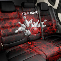 Red Bowling Ball and Pins Design Back Car Seat Cover with Fiery Smoke Background and Custom Team Name Text - Wonder Print Shop