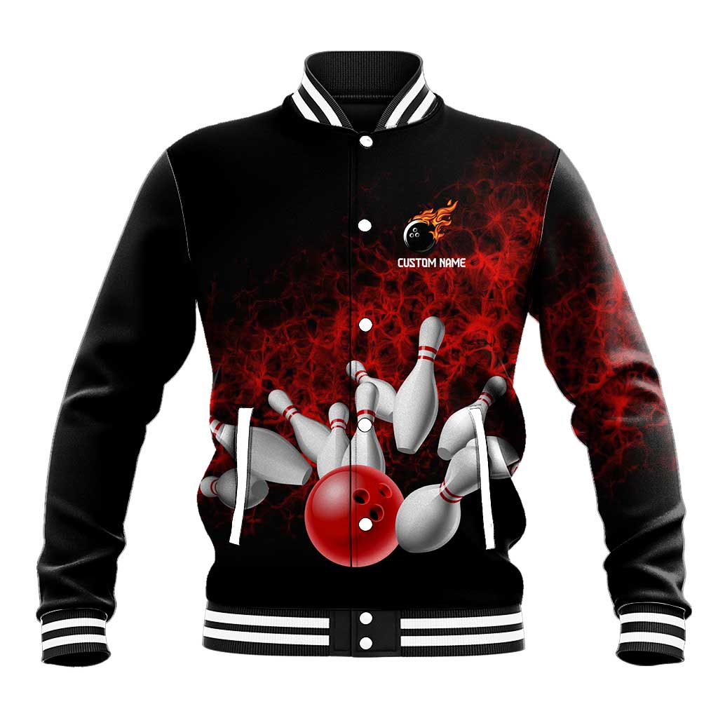 Red Bowling Ball and Pins Design Baseball Jacket with Fiery Smoke Background and Custom Team Name Text - Wonder Print Shop