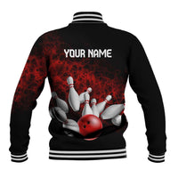 Red Bowling Ball and Pins Design Baseball Jacket with Fiery Smoke Background and Custom Team Name Text - Wonder Print Shop