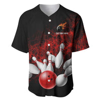 Red Bowling Ball and Pins Design Baseball Jersey with Fiery Smoke Background and Custom Team Name Text - Wonder Print Shop