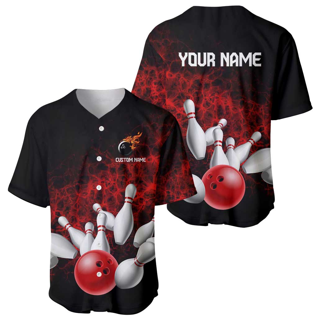 Red Bowling Ball and Pins Design Baseball Jersey with Fiery Smoke Background and Custom Team Name Text - Wonder Print Shop