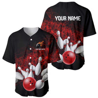 Red Bowling Ball and Pins Design Baseball Jersey with Fiery Smoke Background and Custom Team Name Text - Wonder Print Shop
