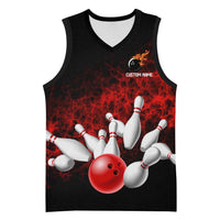 Red Bowling Ball and Pins Design Basketball Jersey with Fiery Smoke Background and Custom Team Name Text - Wonder Print Shop