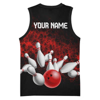 Red Bowling Ball and Pins Design Basketball Jersey with Fiery Smoke Background and Custom Team Name Text - Wonder Print Shop