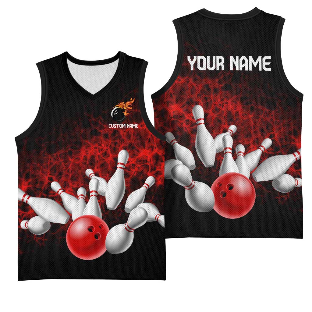 Red Bowling Ball and Pins Design Basketball Jersey with Fiery Smoke Background and Custom Team Name Text - Wonder Print Shop