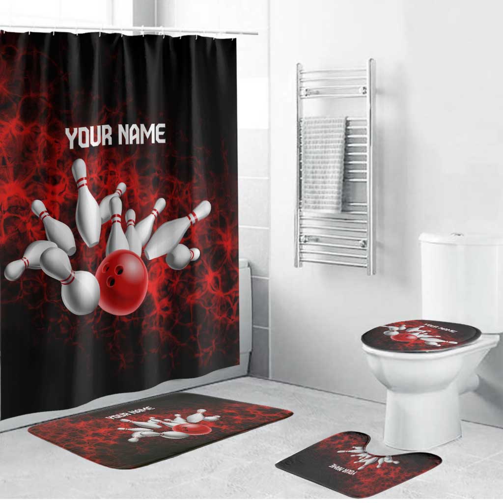 Red Bowling Ball and Pins Design Bathroom Set with Fiery Smoke Background and Custom Team Name Text - Wonder Print Shop