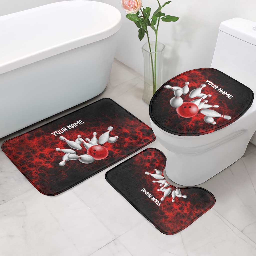 Red Bowling Ball and Pins Design Bathroom Set with Fiery Smoke Background and Custom Team Name Text - Wonder Print Shop