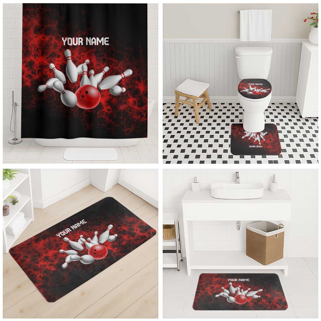 Red Bowling Ball and Pins Design Bathroom Set with Fiery Smoke Background and Custom Team Name Text - Wonder Print Shop