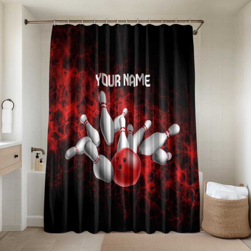 Red Bowling Ball and Pins Design Bathroom Set with Fiery Smoke Background and Custom Team Name Text - Wonder Print Shop