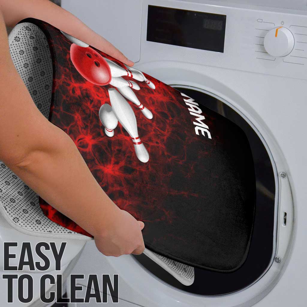 Red Bowling Ball and Pins Design Bathroom Set with Fiery Smoke Background and Custom Team Name Text - Wonder Print Shop