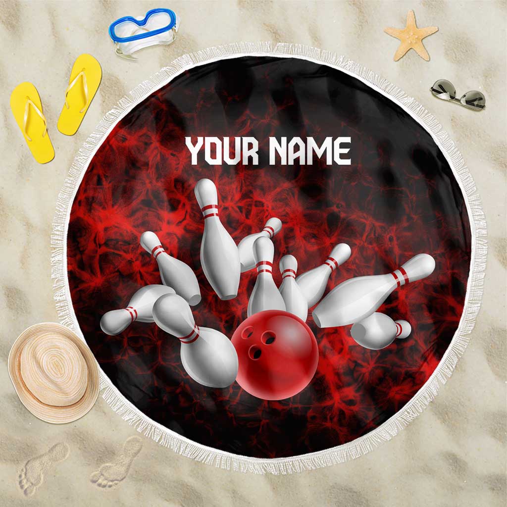 Red Bowling Ball and Pins Design Beach Blanket with Fiery Smoke Background and Custom Team Name Text - Wonder Print Shop