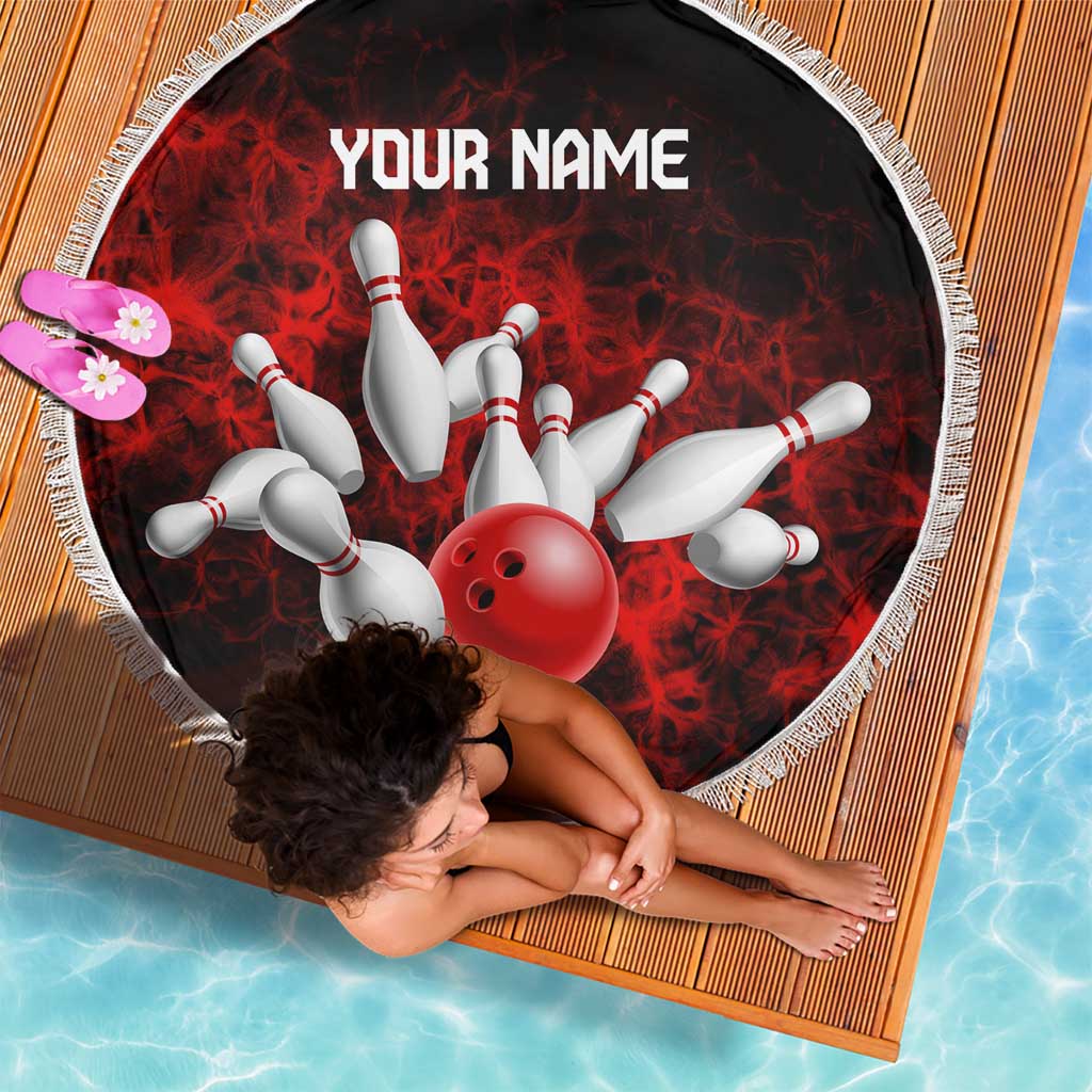 Red Bowling Ball and Pins Design Beach Blanket with Fiery Smoke Background and Custom Team Name Text - Wonder Print Shop