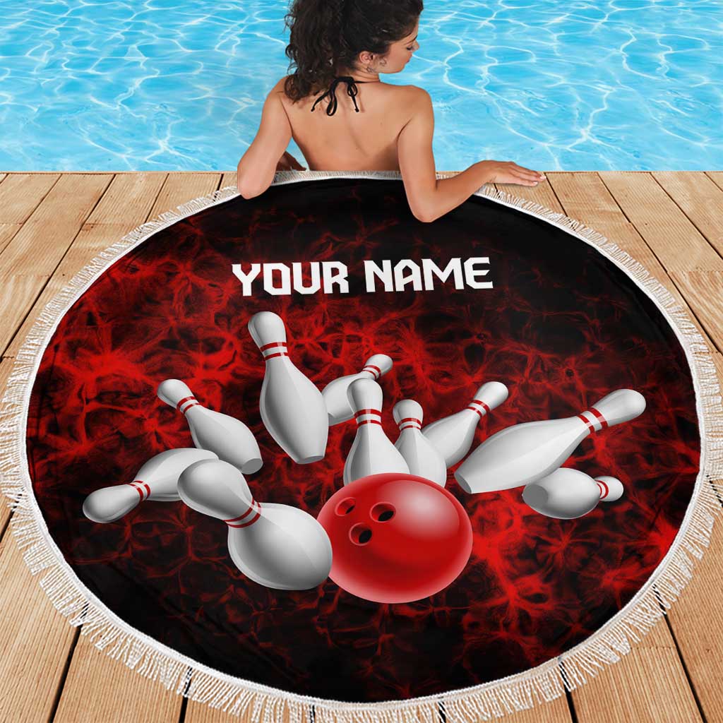 Red Bowling Ball and Pins Design Beach Blanket with Fiery Smoke Background and Custom Team Name Text - Wonder Print Shop