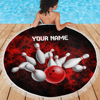 Red Bowling Ball and Pins Design Beach Blanket with Fiery Smoke Background and Custom Team Name Text - Wonder Print Shop