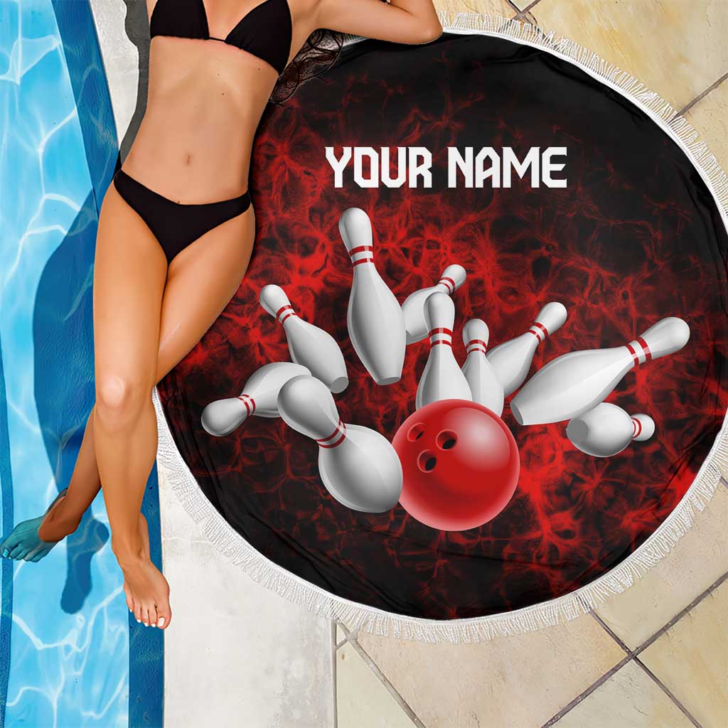 Red Bowling Ball and Pins Design Beach Blanket with Fiery Smoke Background and Custom Team Name Text - Wonder Print Shop