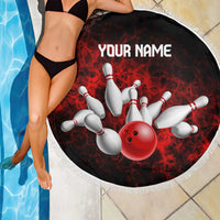 Red Bowling Ball and Pins Design Beach Blanket with Fiery Smoke Background and Custom Team Name Text - Wonder Print Shop