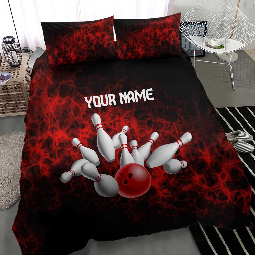 Red Bowling Ball and Pins Design Bedding Set with Fiery Smoke Background and Custom Team Name Text - Wonder Print Shop