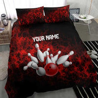 Red Bowling Ball and Pins Design Bedding Set with Fiery Smoke Background and Custom Team Name Text - Wonder Print Shop