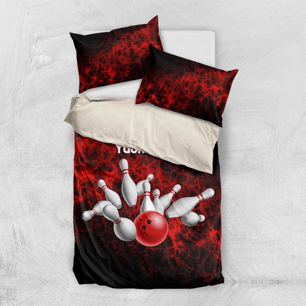 Red Bowling Ball and Pins Design Bedding Set with Fiery Smoke Background and Custom Team Name Text - Wonder Print Shop