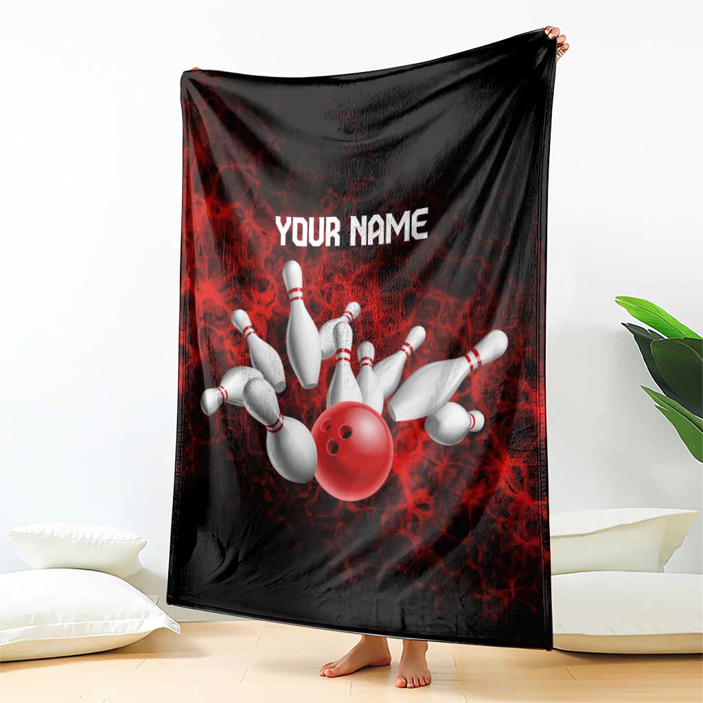 Red Bowling Ball and Pins Design Blanket with Fiery Smoke Background and Custom Team Name Text - Wonder Print Shop