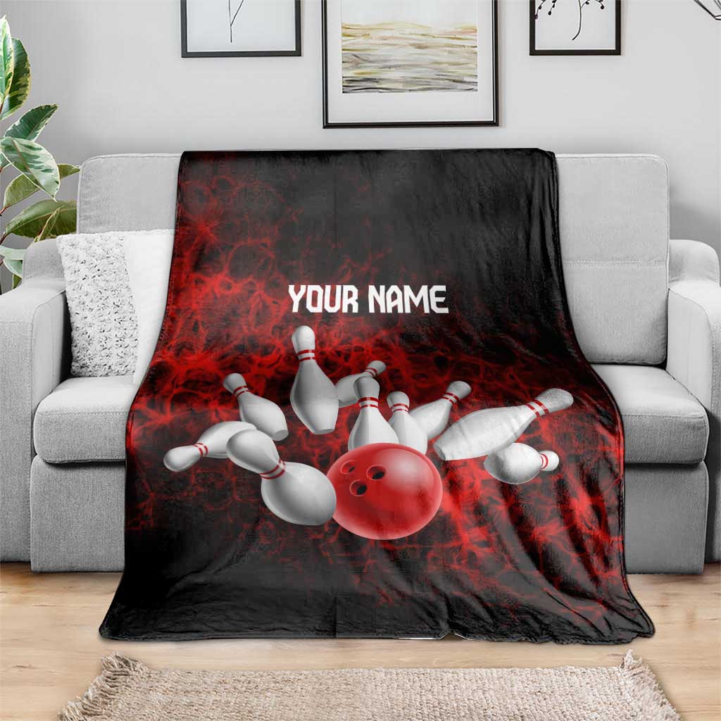 Red Bowling Ball and Pins Design Blanket with Fiery Smoke Background and Custom Team Name Text - Wonder Print Shop