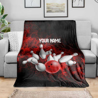 Red Bowling Ball and Pins Design Blanket with Fiery Smoke Background and Custom Team Name Text - Wonder Print Shop