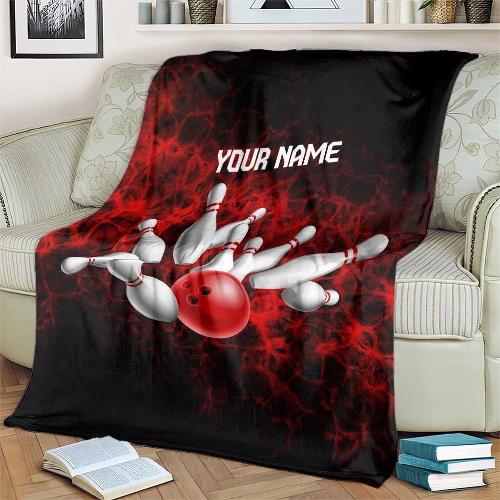 Red Bowling Ball and Pins Design Blanket with Fiery Smoke Background and Custom Team Name Text - Wonder Print Shop