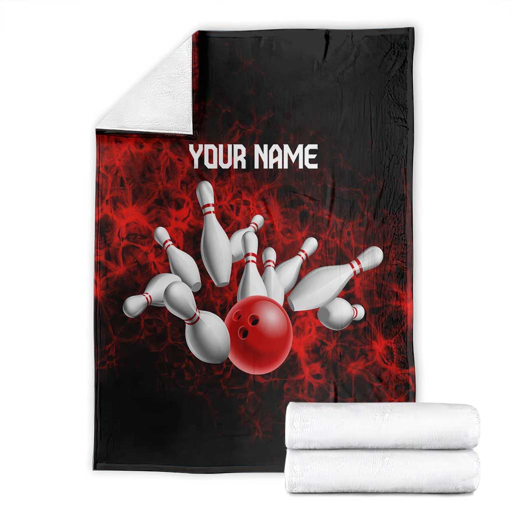 Red Bowling Ball and Pins Design Blanket with Fiery Smoke Background and Custom Team Name Text - Wonder Print Shop