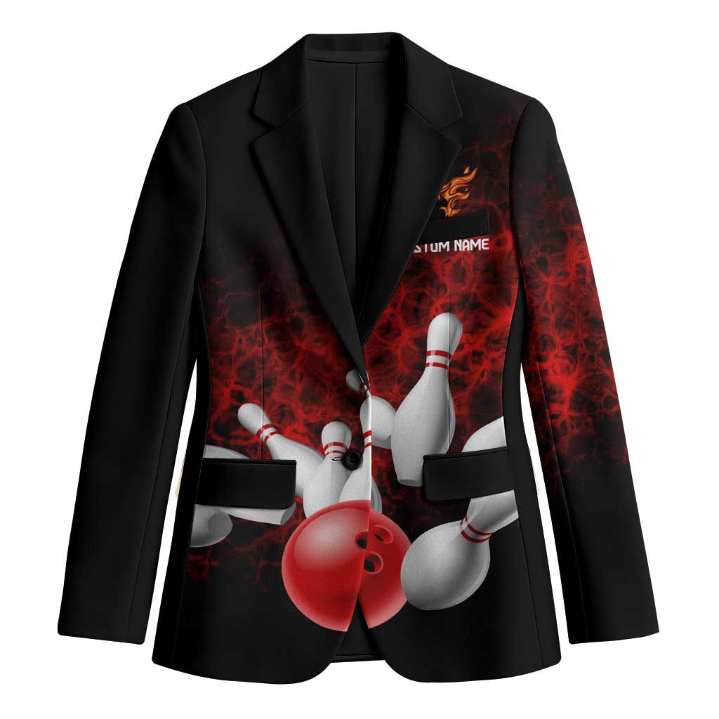 Red Bowling Ball and Pins Design Blazer with Fiery Smoke Background and Custom Team Name Text - Wonder Print Shop