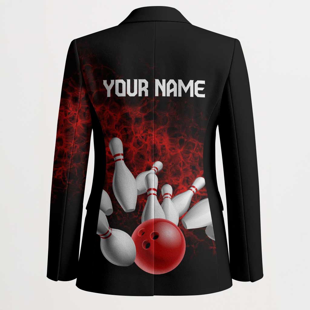 Red Bowling Ball and Pins Design Blazer with Fiery Smoke Background and Custom Team Name Text - Wonder Print Shop