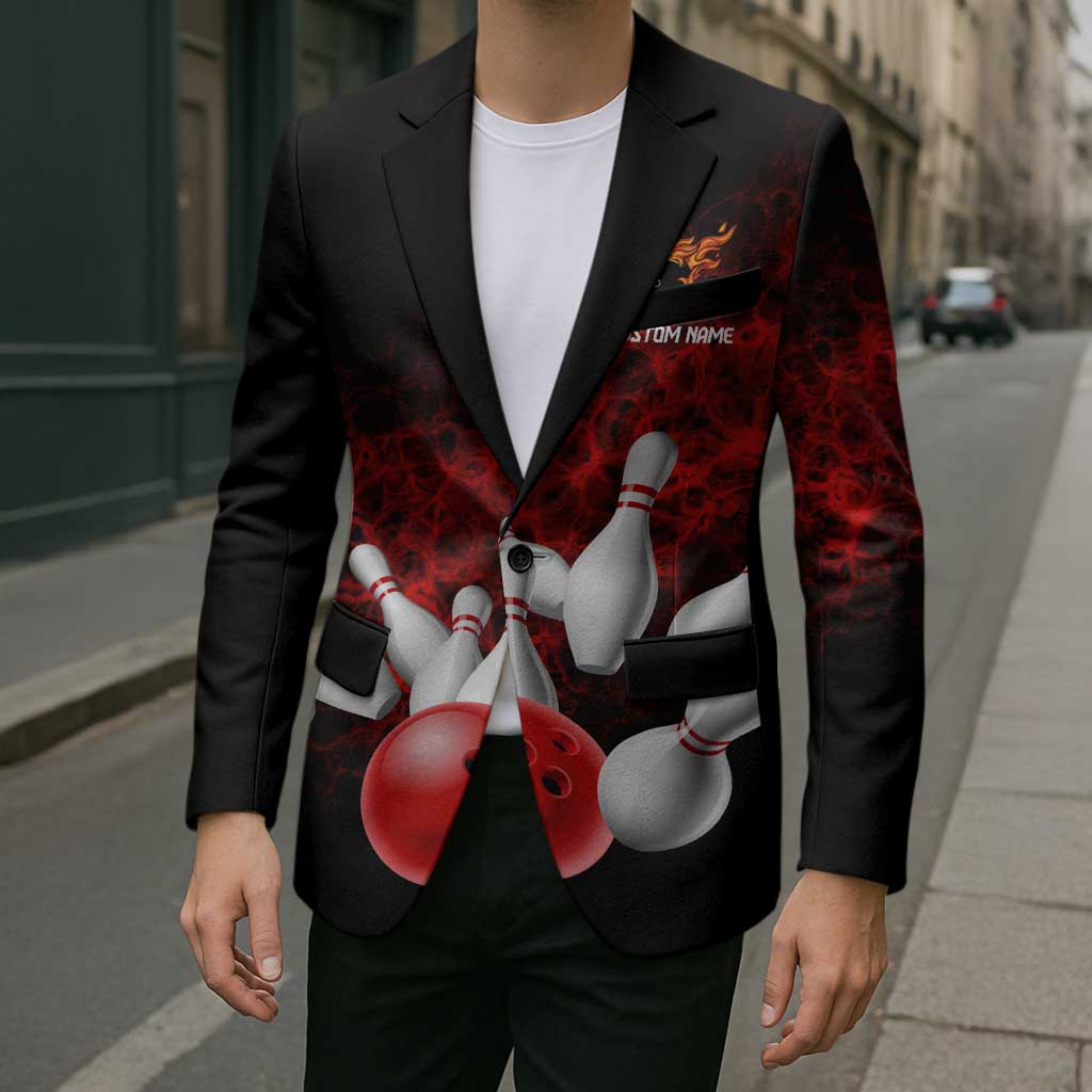 Red Bowling Ball and Pins Design Blazer with Fiery Smoke Background and Custom Team Name Text - Wonder Print Shop