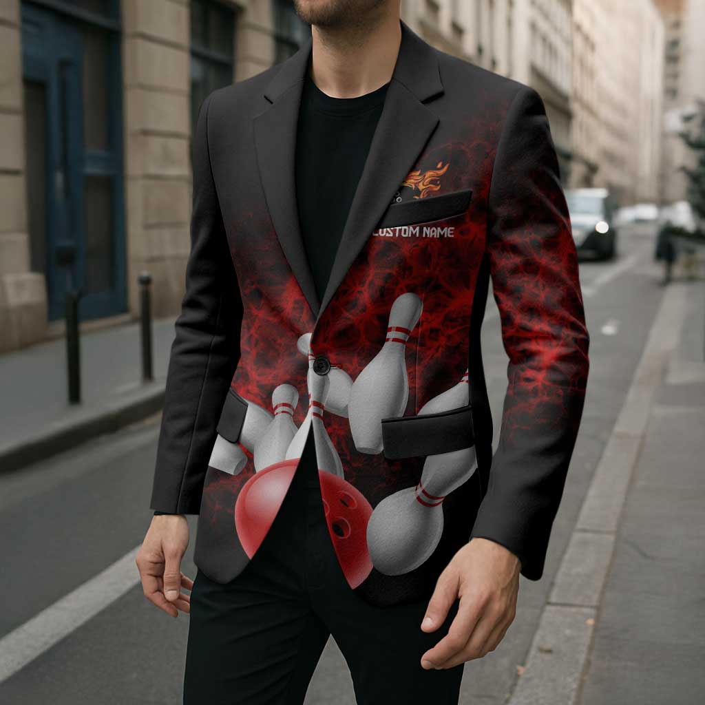 Red Bowling Ball and Pins Design Blazer with Fiery Smoke Background and Custom Team Name Text - Wonder Print Shop
