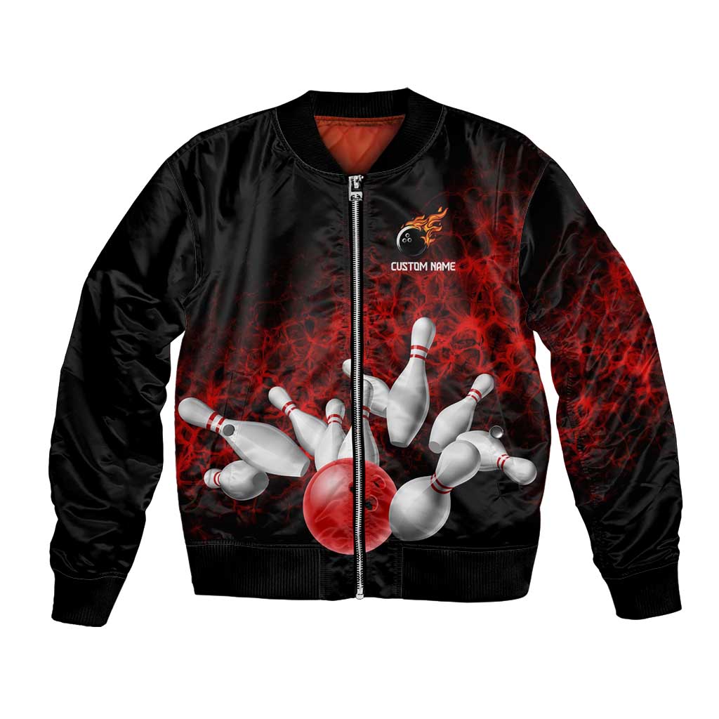 Red Bowling Ball and Pins Design Bomber Jacket with Fiery Smoke Background and Custom Team Name Text - Wonder Print Shop