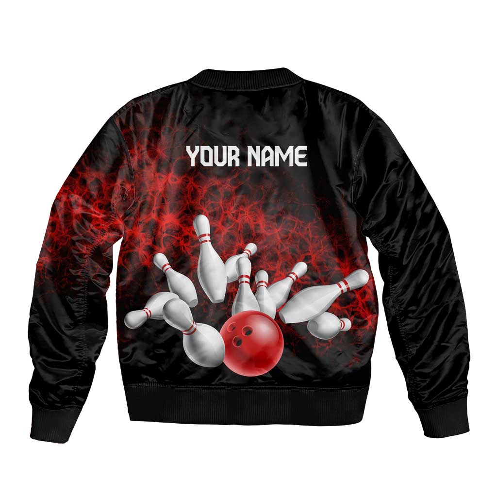 Red Bowling Ball and Pins Design Bomber Jacket with Fiery Smoke Background and Custom Team Name Text - Wonder Print Shop