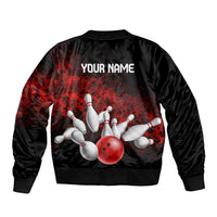 Red Bowling Ball and Pins Design Bomber Jacket with Fiery Smoke Background and Custom Team Name Text - Wonder Print Shop