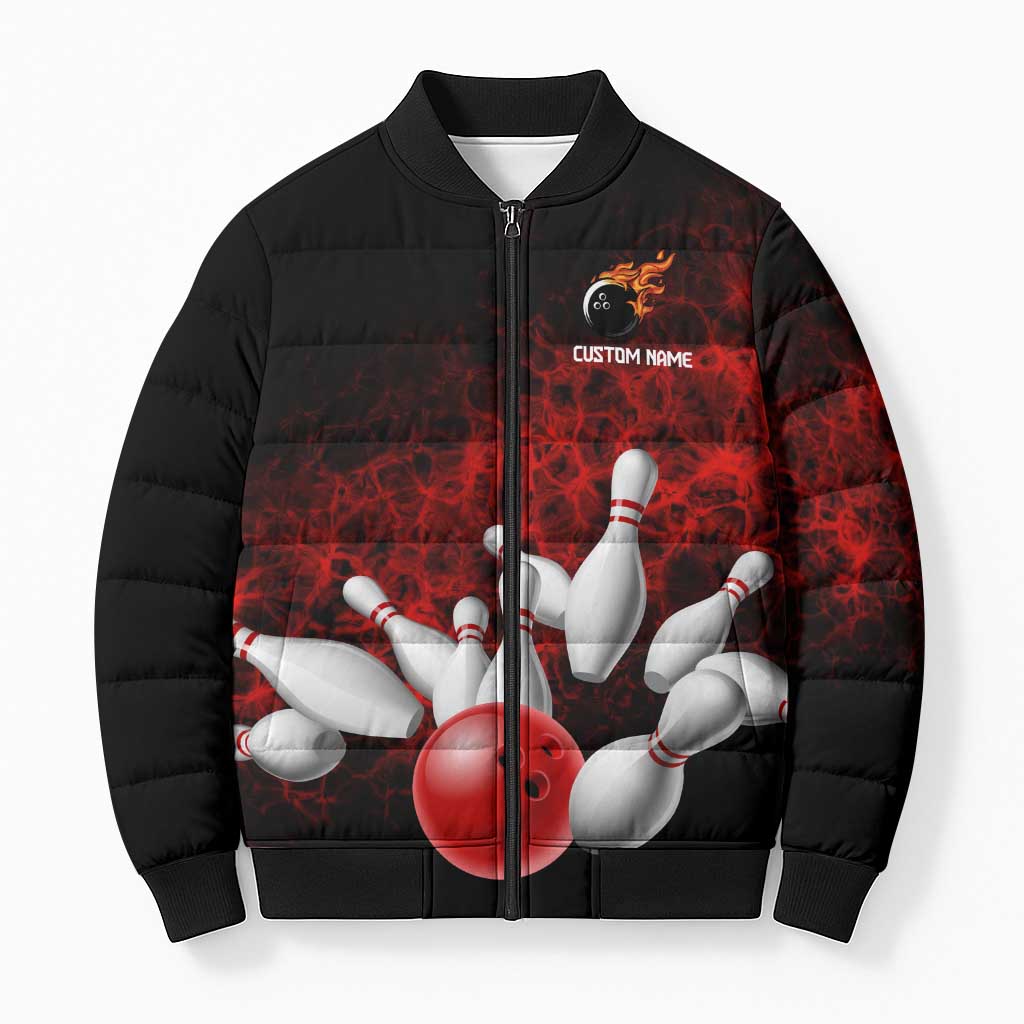 Red Bowling Ball and Pins Design Bomber Puffer Jacket with Fiery Smoke Background and Custom Team Name Text - Wonder Print Shop